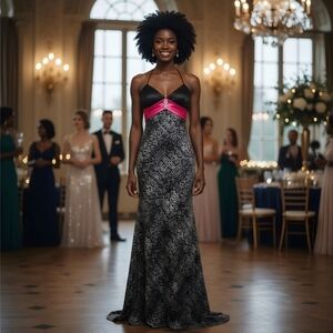 Blondie Nites ✦ Animal Print Strapless Gown ✦ Black & Pink Halter Prom Dress 3